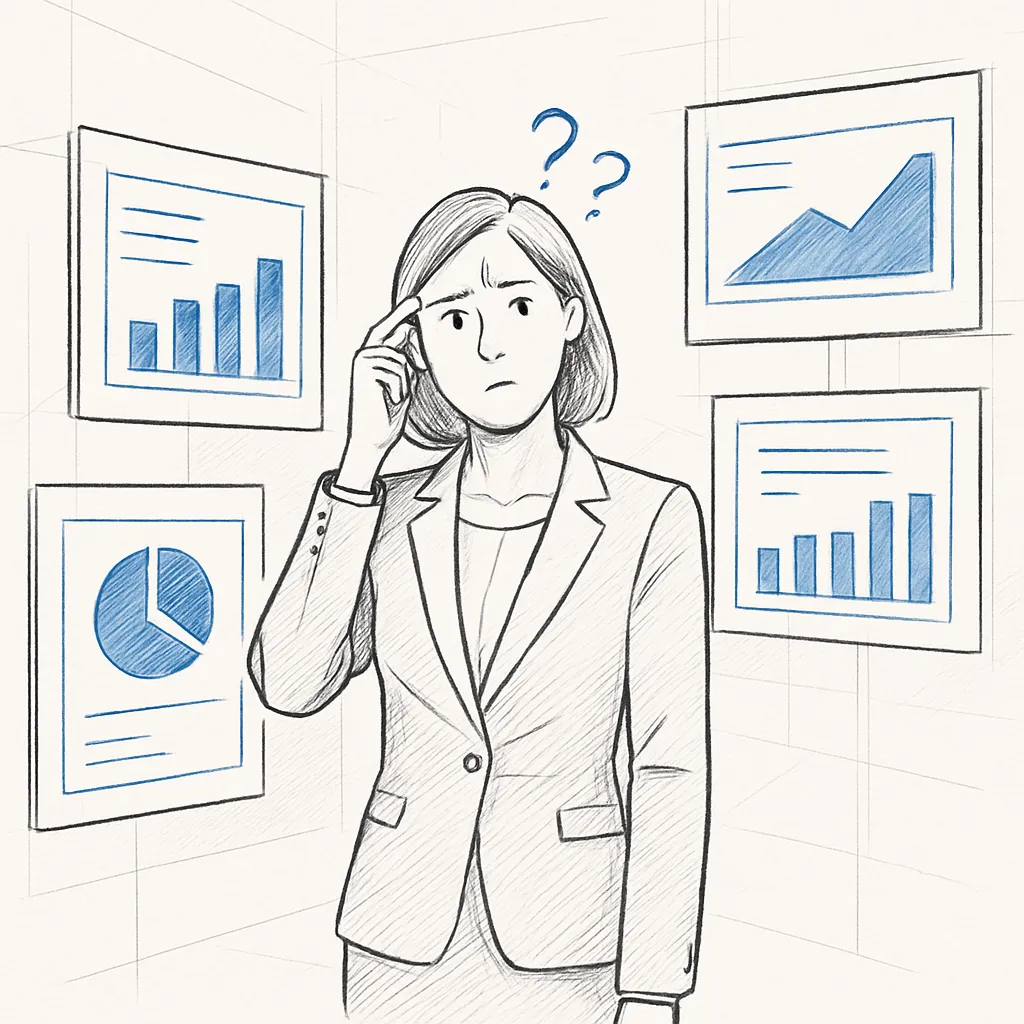 Business woman confused looking at mismatched analytics data
